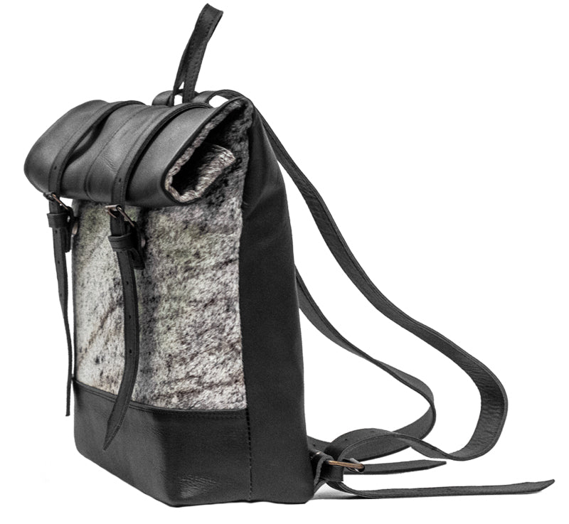 Roll Top Backpack - Black and Cowhide