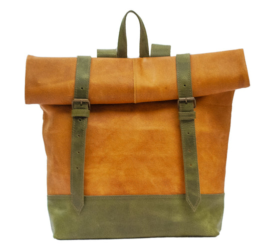 Roll Top Backpack - Tan and Green