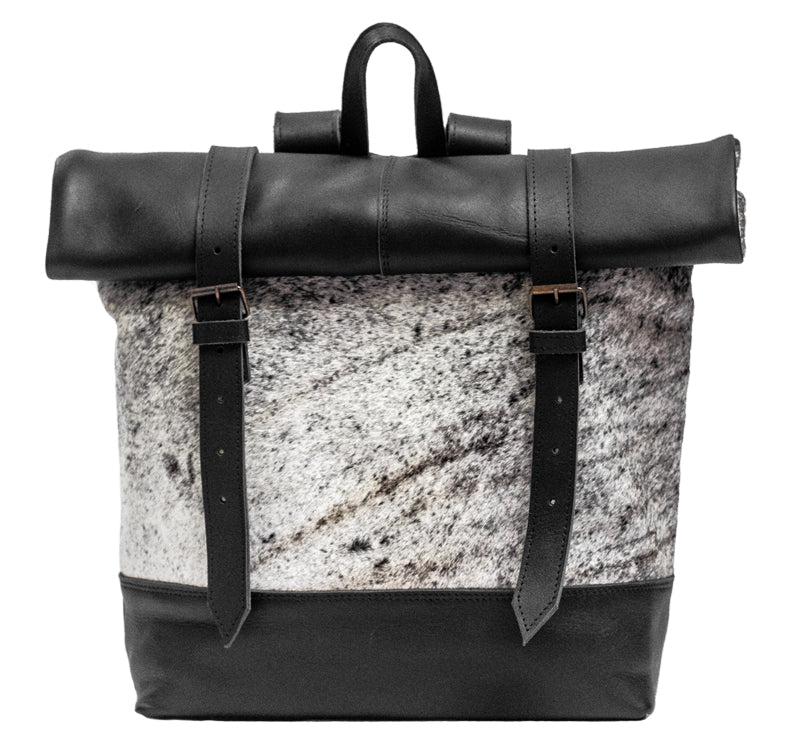 Roll Top Backpack - Black and Cowhide