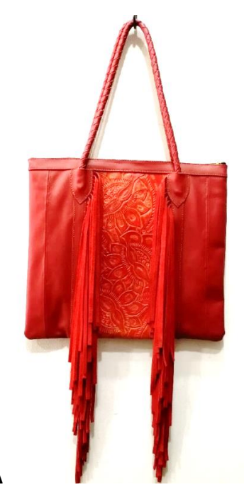 Tooled & Fringe Leather Handbag - Red