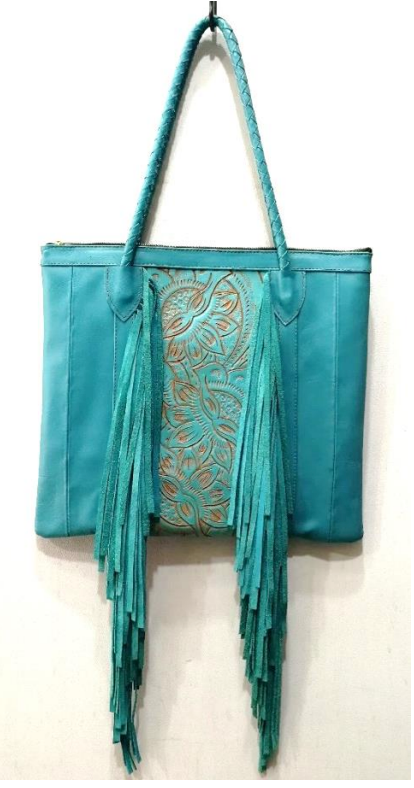 Tooled & Fringe Leather Handbag - Turquoise