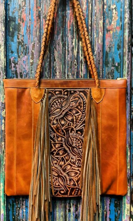 Tooled & Fringe Leather Handbag - Tan & Dark