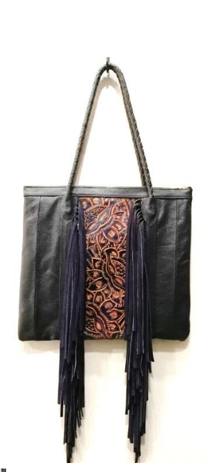 Tooled & Fringe Leather Handbag - Black